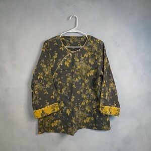 Gray & Yellow Oriental Print Top | Lightweight Artistic Statement Blouse